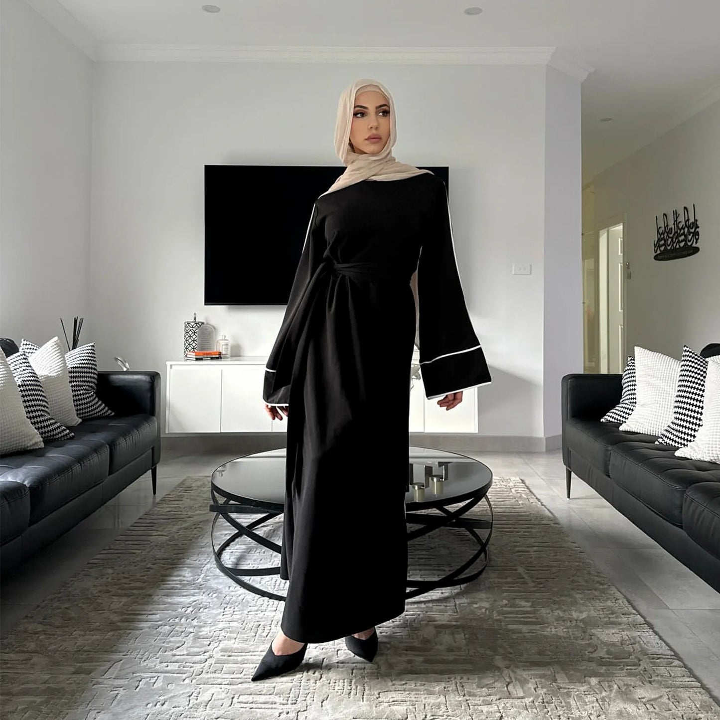 New Green Kaftan Abaya for Muslim Wear Belted Design Catering to Islamic Modest Style during Ramadan in Saudi UAE and Daily Life