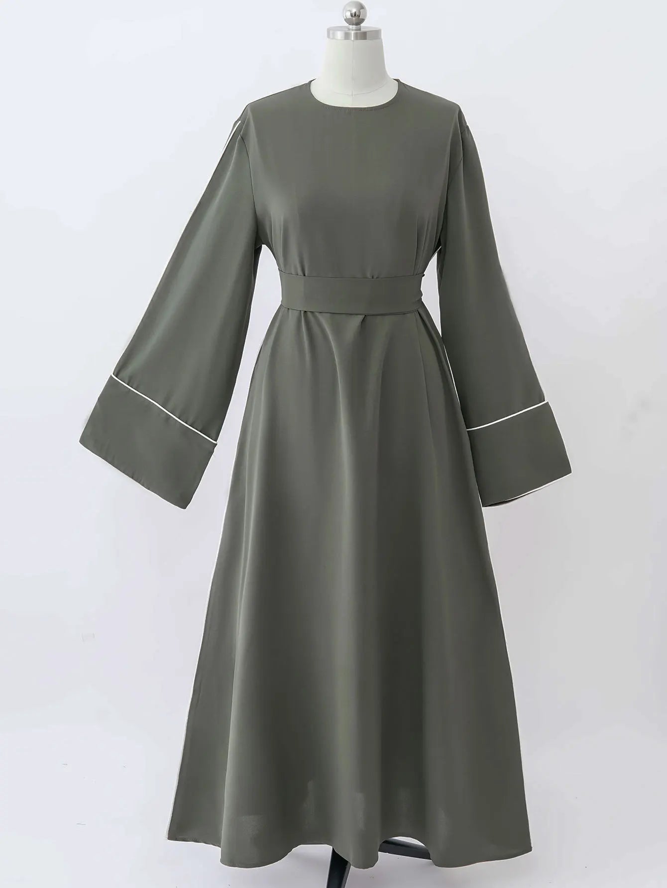 New Green Kaftan Abaya for Muslim Wear Belted Design Catering to Islamic Modest Style during Ramadan in Saudi UAE and Daily Life