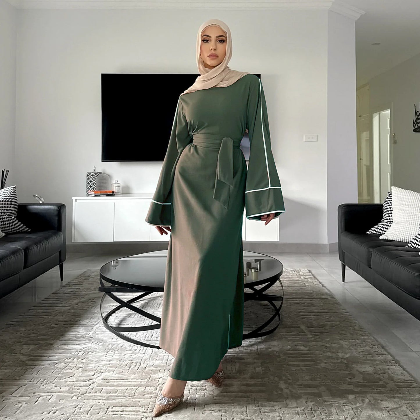 New Green Kaftan Abaya for Muslim Wear Belted Design Catering to Islamic Modest Style during Ramadan in Saudi UAE and Daily Life