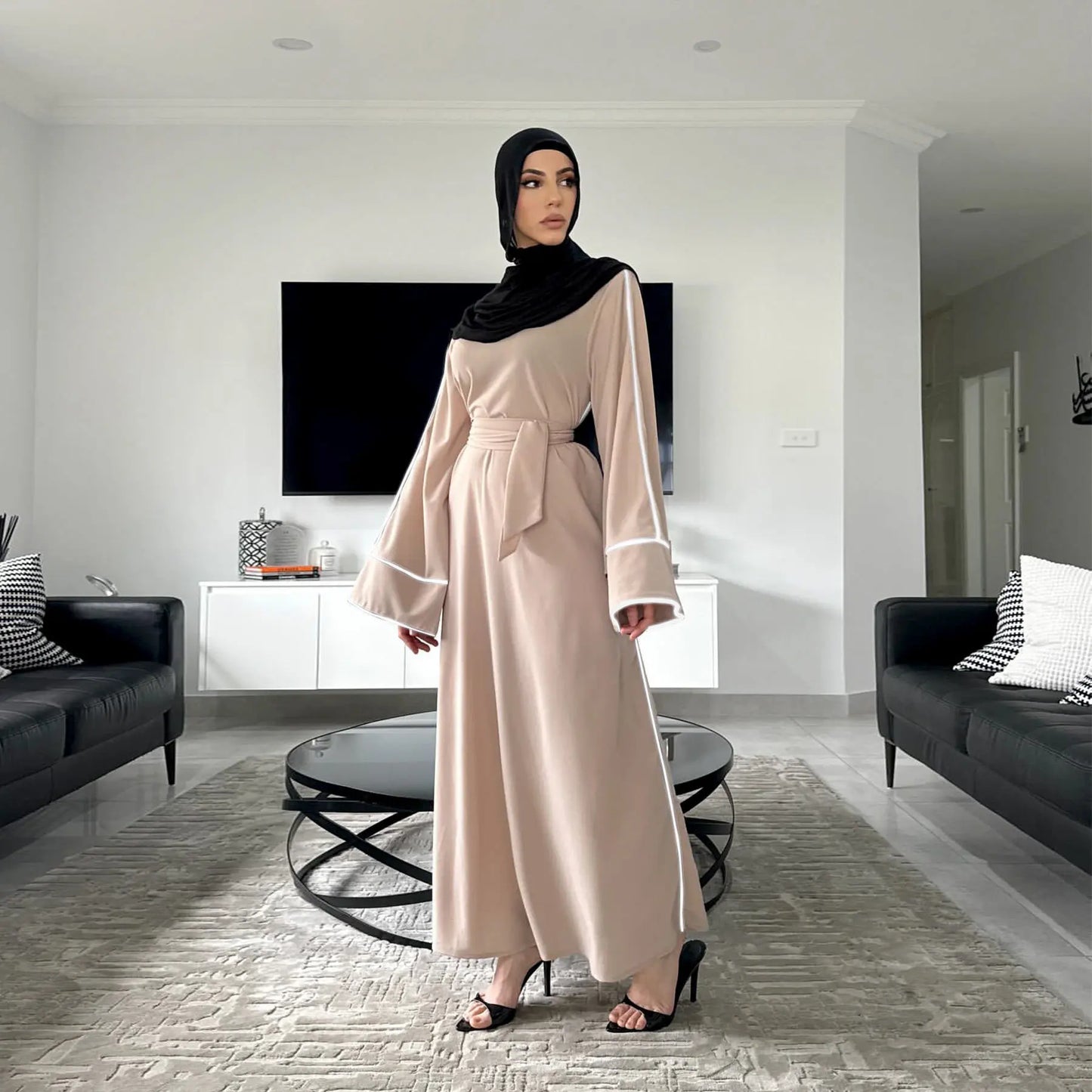 New Green Kaftan Abaya for Muslim Wear Belted Design Catering to Islamic Modest Style during Ramadan in Saudi UAE and Daily Life