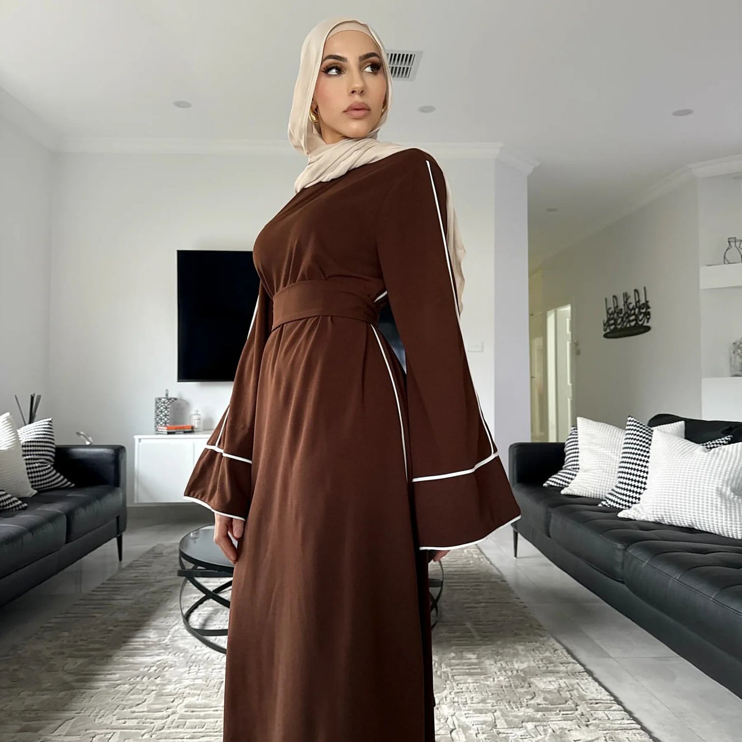 New Green Kaftan Abaya for Muslim Wear Belted Design Catering to Islamic Modest Style during Ramadan in Saudi UAE and Daily Life