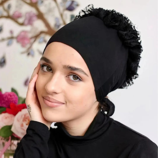 Under Hijab Caps Big Flower Volumizer Scrunchie Muslim Inner Hijab Turbans Islamic Headwear Accessories Female Head Wraps Bonnet