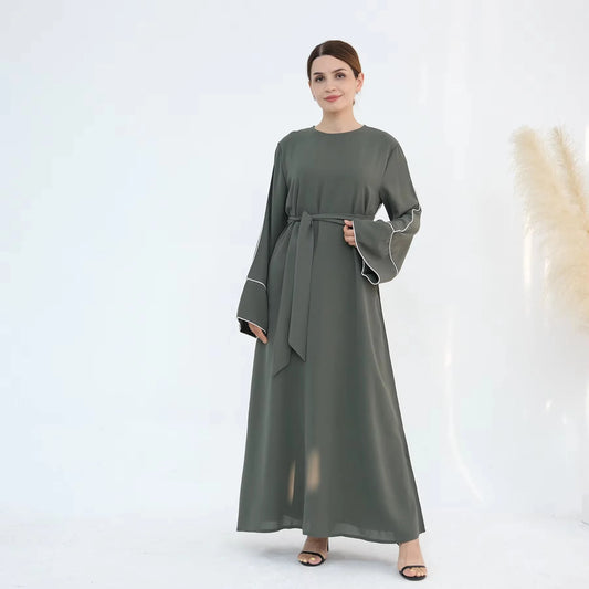 New Green Kaftan Abaya for Muslim Wear Belted Design Catering to Islamic Modest Style during Ramadan in Saudi UAE and Daily Life